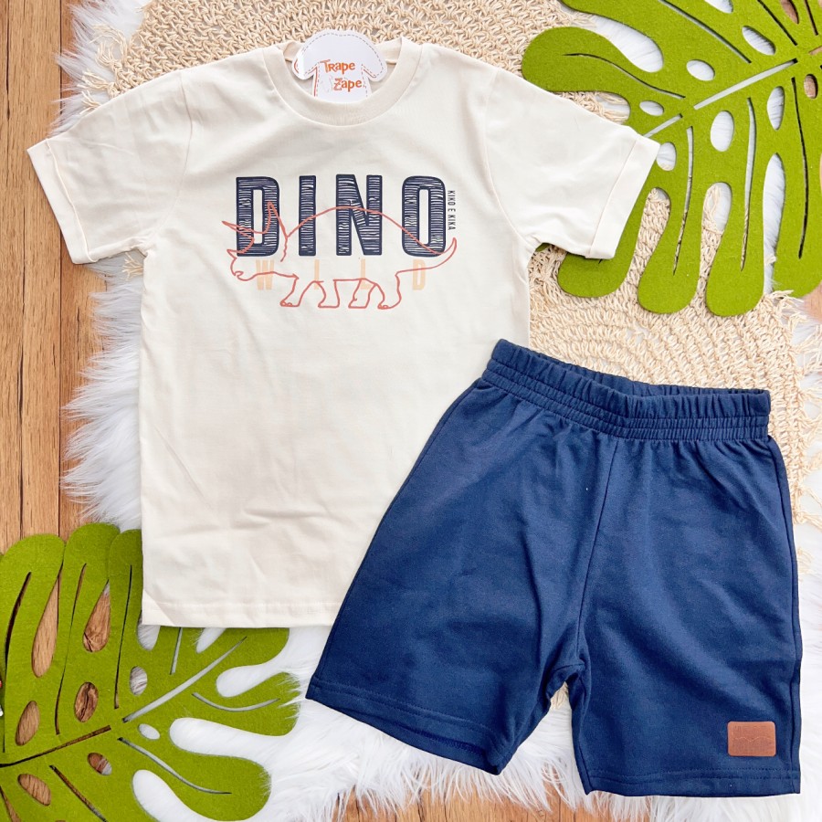 Conj. Camiseta Dino Wild e Bermuda em Moletinho - Areia e Azul Marinho